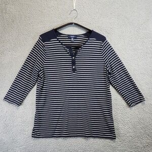 Chaps‎ 3/4 Sleeve Top Womens 1X Striped Buttons Casual Chic Cotton Blend